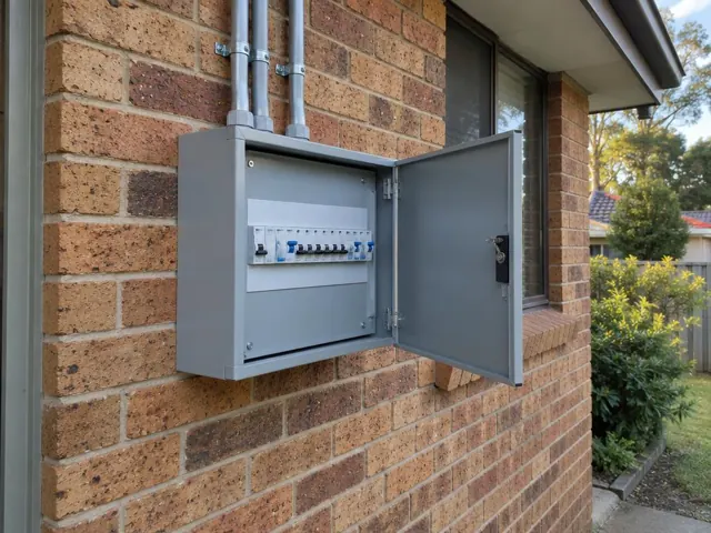 Open outdoor switchboard on a brick house wall beside a window in Green Point
